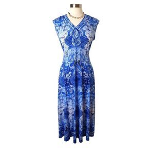 Womens Sleeveless Maxi Dress XL Blue White Paisley Fairy Fit Flare Cottagecore